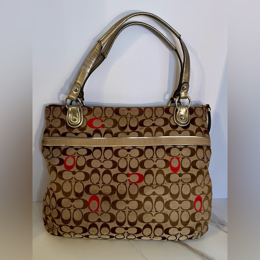 Coach Poppy Tote Bag Pink/Brown/Beige Canvas signature Bag